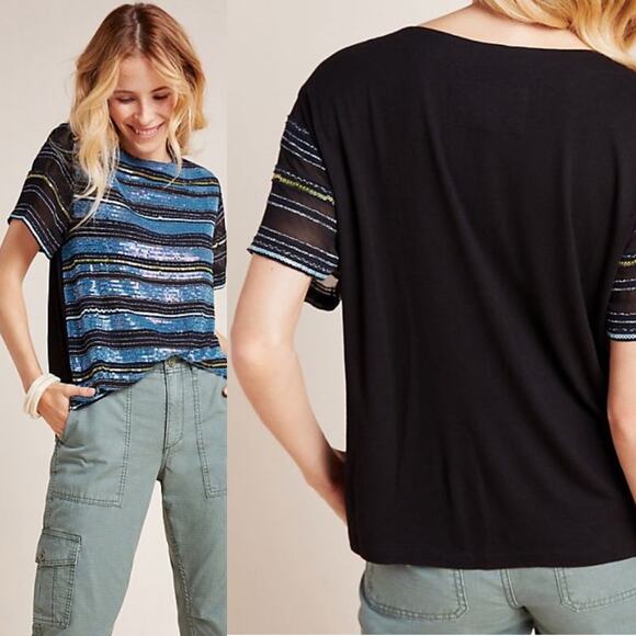 Anthropologie Maeve Cameron Blue & Black Sequin Striped Top - Picture 2 of 9
